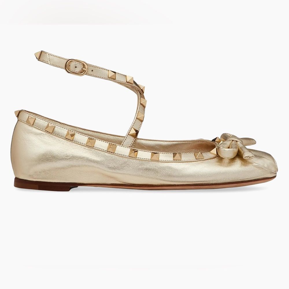 NEW! Valentino Garavani Metallic Gold Rockstud Bow Flats - Picture 10 of 10